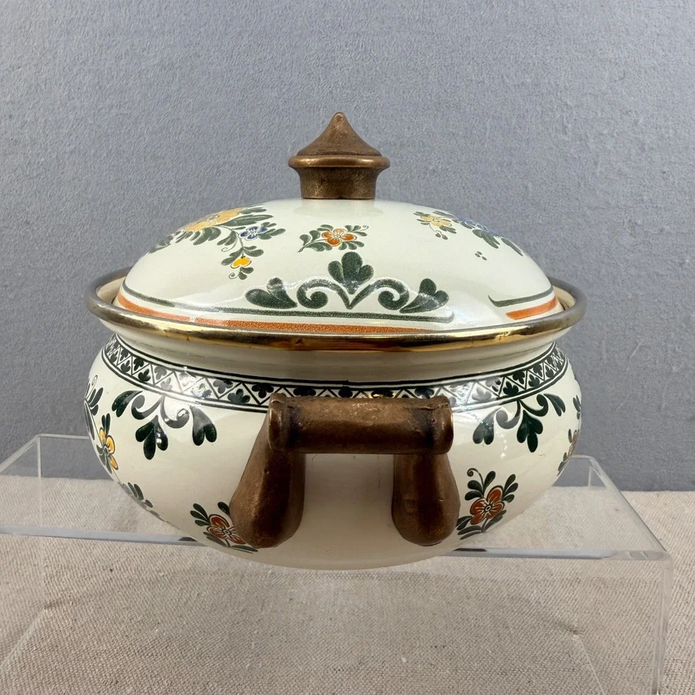 Vintage ASTA Enamelware Floral Casserole Pot with Lid West Germany Brass Handles